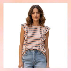 J. Crew Striped Ruffle Sleeve Tank in White, Orange & Navy